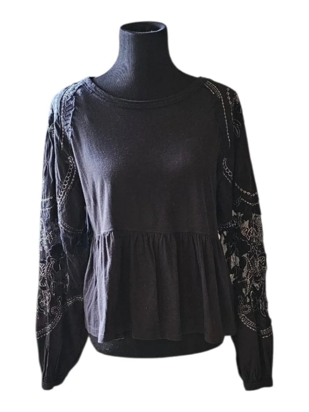 Free People Penny Tee Black Embroidered Sleeve Babydoll Top XS